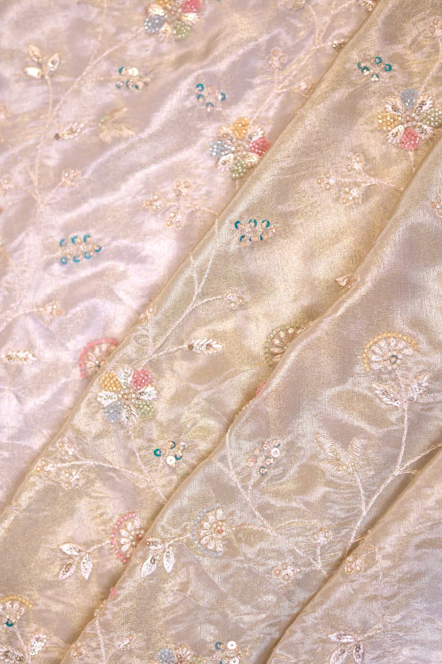 Pastel Vine Embroidered Tissue Fabric with Sequins & Beads