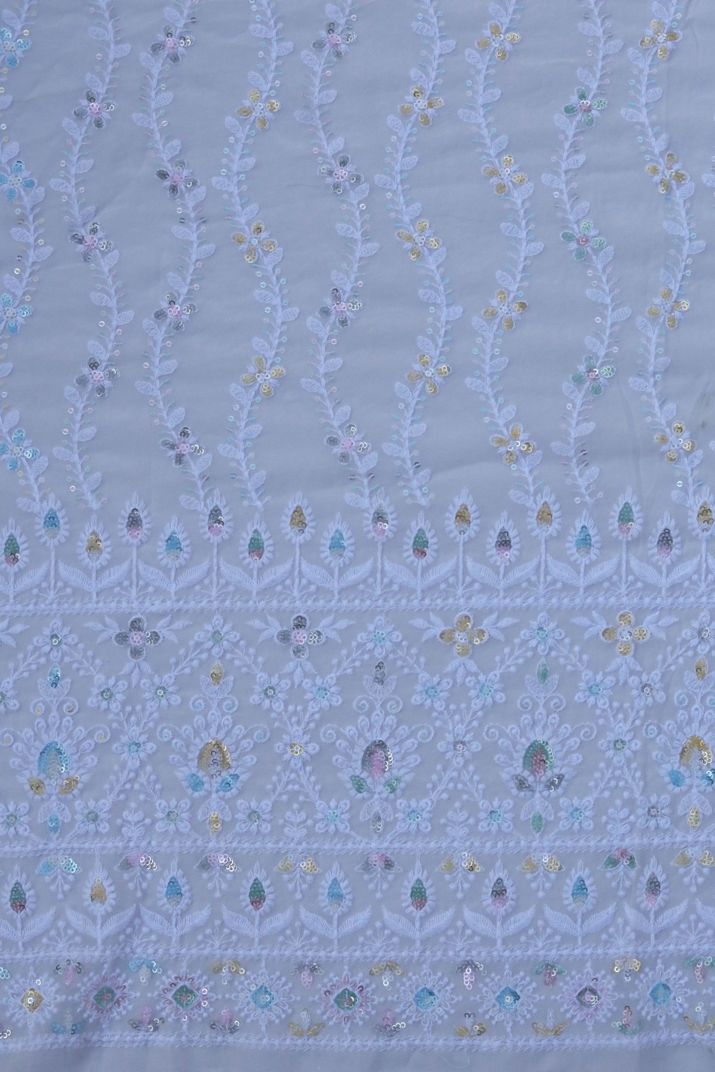 Vertical Floral Sequin Embroidered Fabric with Ornate Border