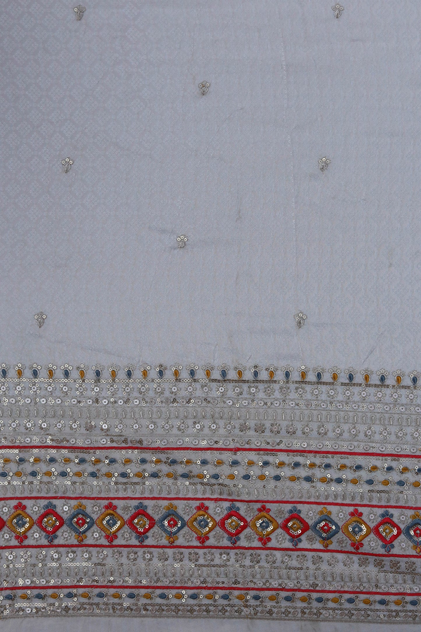 Pure Banarasi Tissue Brocade Fabric with Diamond Weave Mirror Embellishments and Embroidered Border