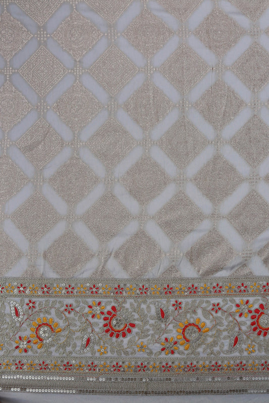 Banarasi Tissue Brocade Fabric with Floral Embroidery and Mirror Accents
