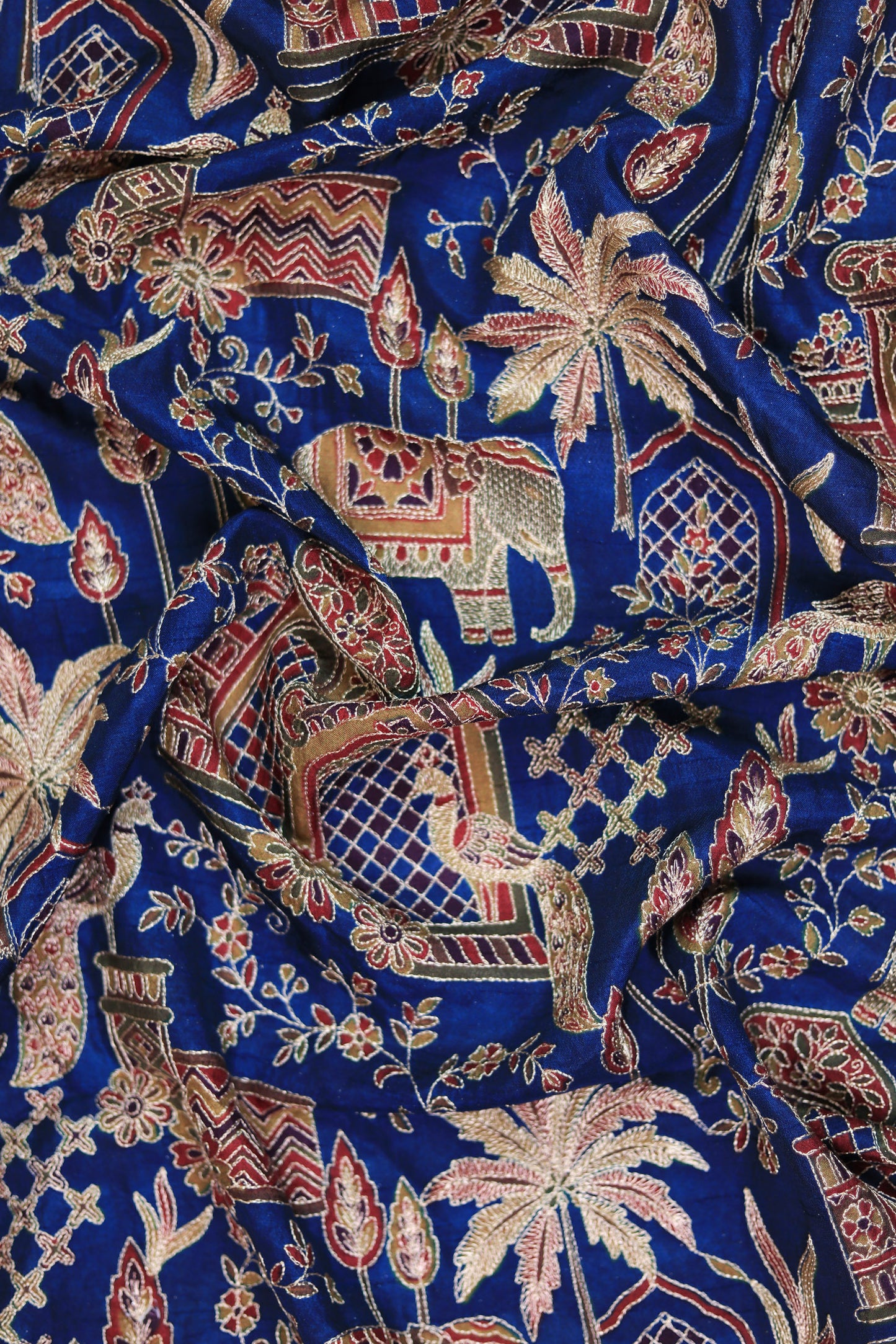 Blue Majestic Meadow Viscose Chinon Embroidered Fabric