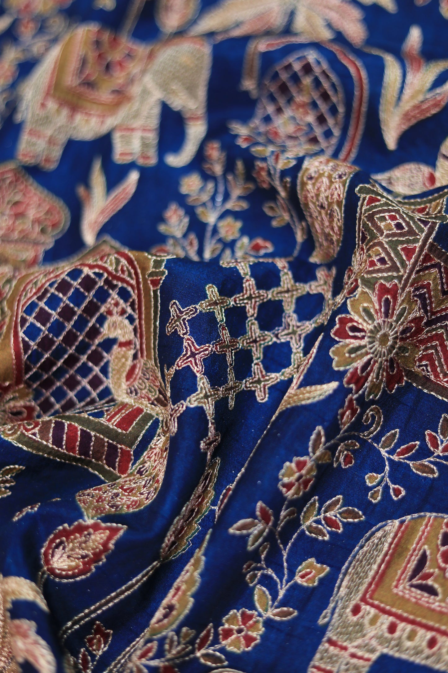 Blue Majestic Meadow Viscose Chinon Embroidered Fabric