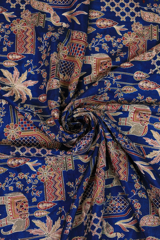 Blue Majestic Meadow Viscose Chinon Embroidered Fabric