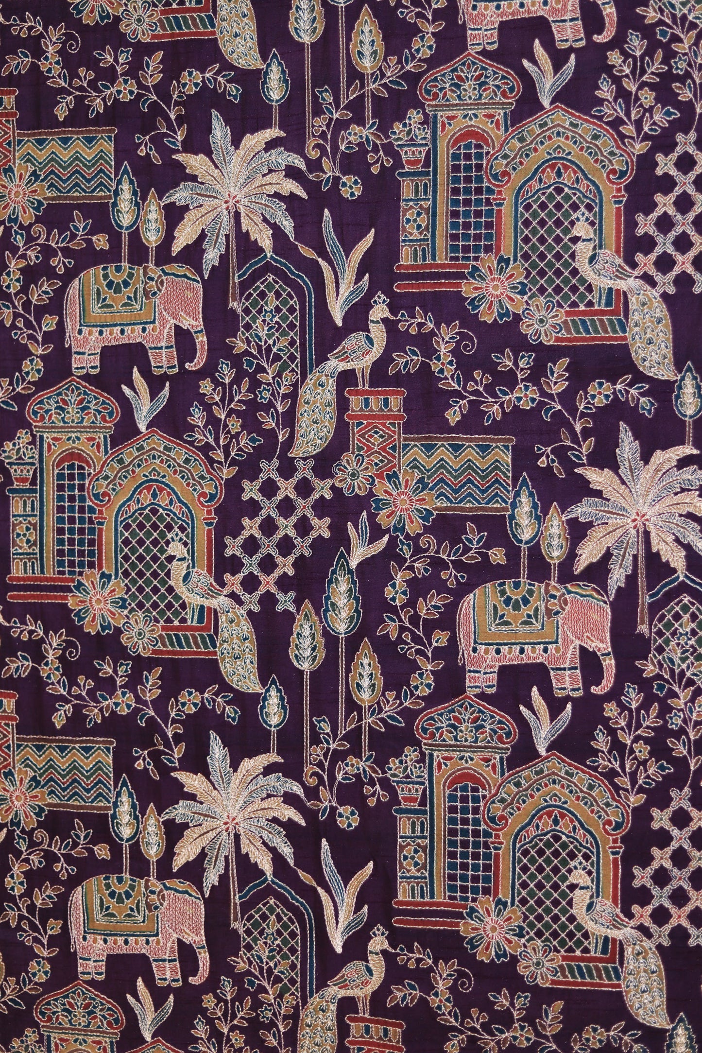 Purple Majestic Meadow Viscose Chinon Embroidered Fabric