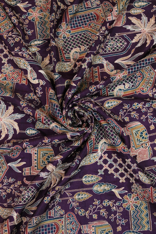 Purple Majestic Meadow Viscose Chinon Embroidered Fabric