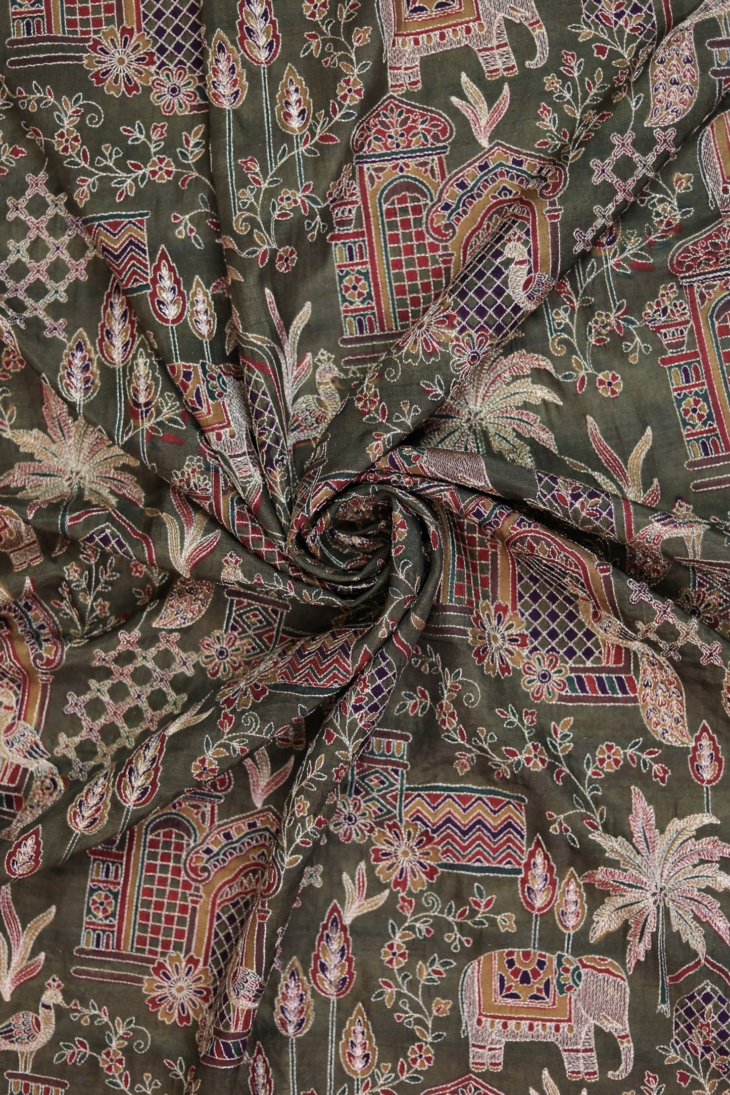 Green Majestic Meadow Viscose Chinon Embroidered Fabric