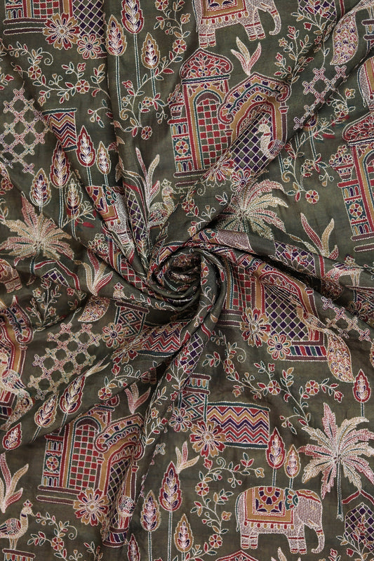 Green Majestic Meadow Viscose Chinon Embroidered Fabric