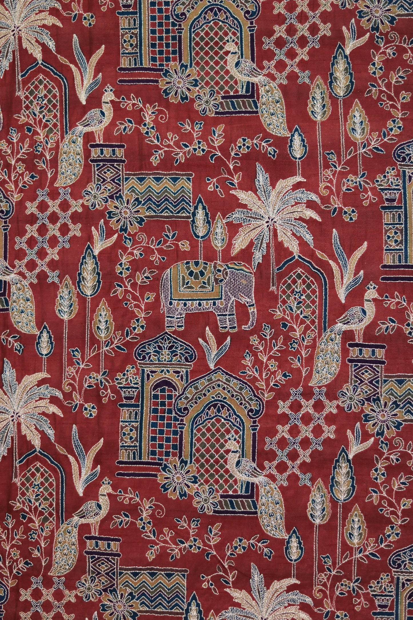 Red Majestic Meadow Viscose Chinon Embroidered Fabric