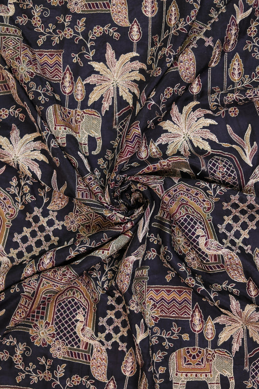Black Majestic Meadow Viscose Chinon Embroidered Fabric