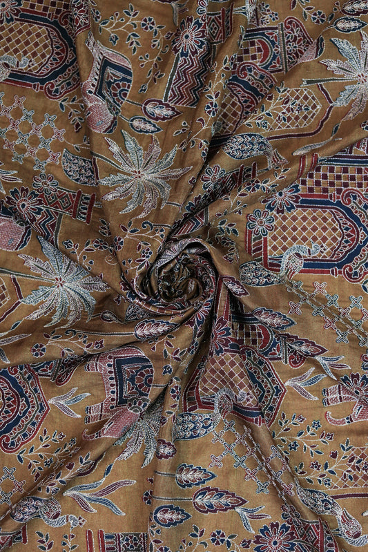 Yellow Majestic Meadow Viscose Chinon Embroidered Fabric