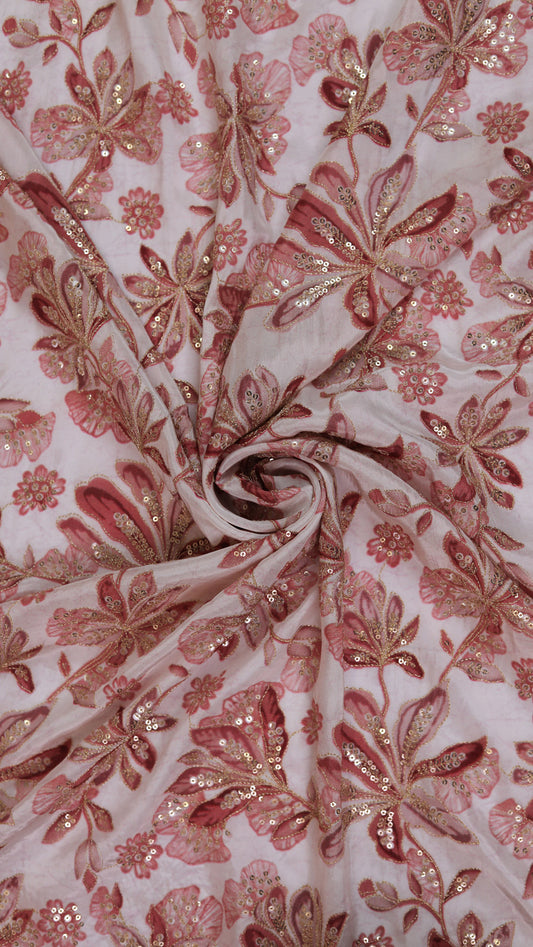 Red Mist Embroidered Floral Sequin Fabric