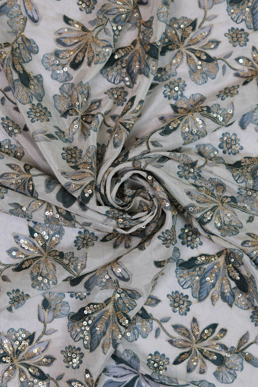 Green Mist Embroidered Floral Sequin Fabric