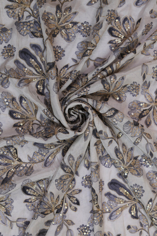 Grey Mist Embroidered Floral Sequin Fabric