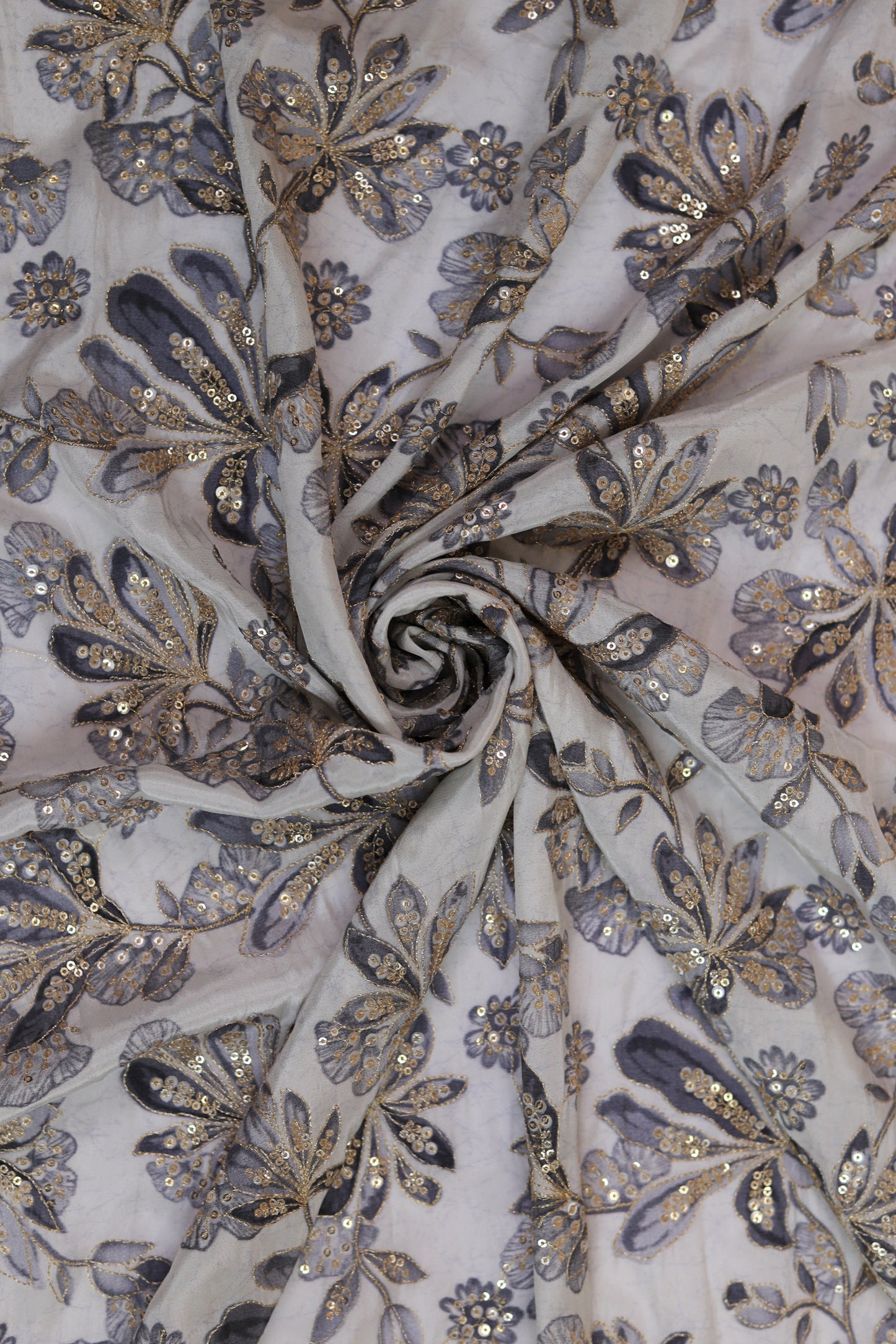 Grey Mist Embroidered Floral Sequin Fabric