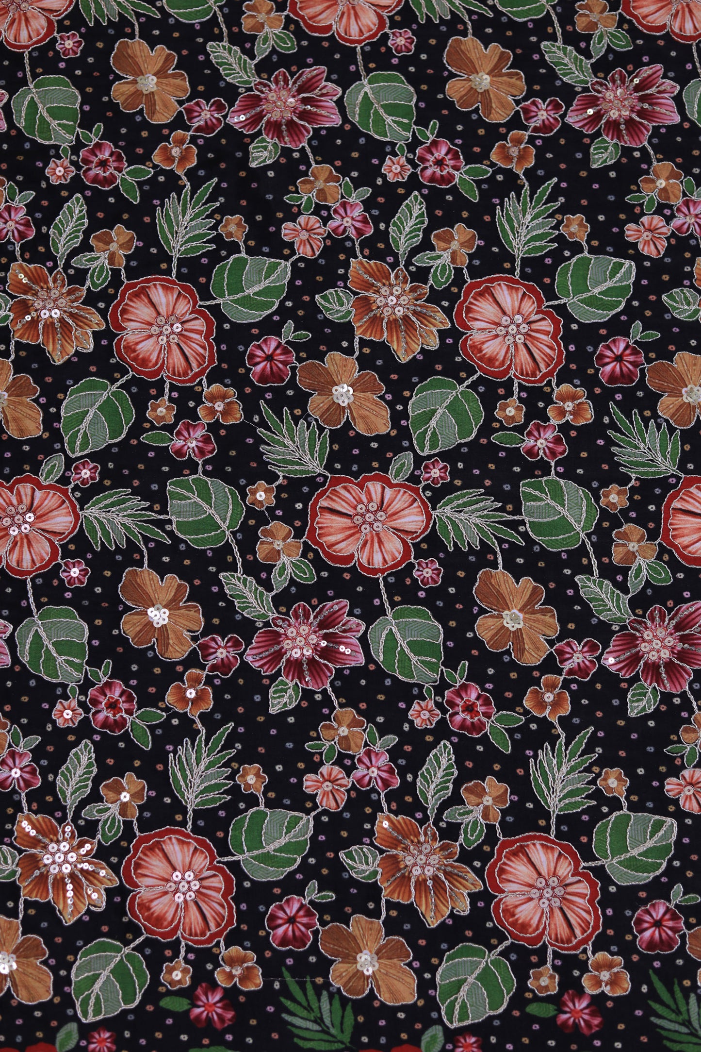 Black Mustard Floral Embroidered Crepe Fabric