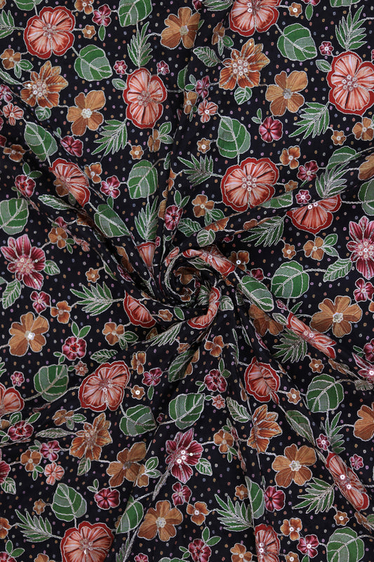 Black Floral Embroidered Crepe Fabric
