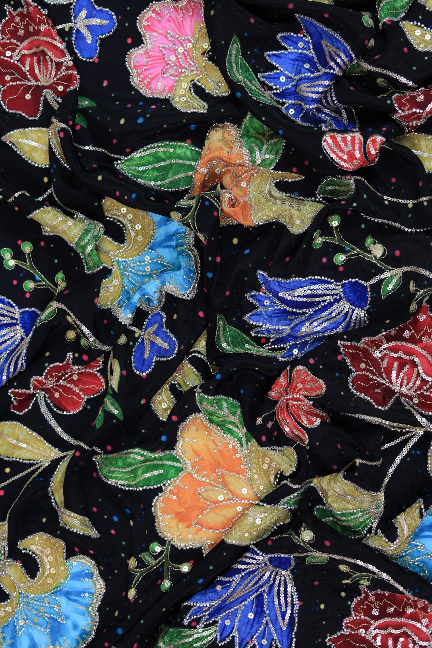 Black Midnight Bloom Sequin Embroidered Crepe