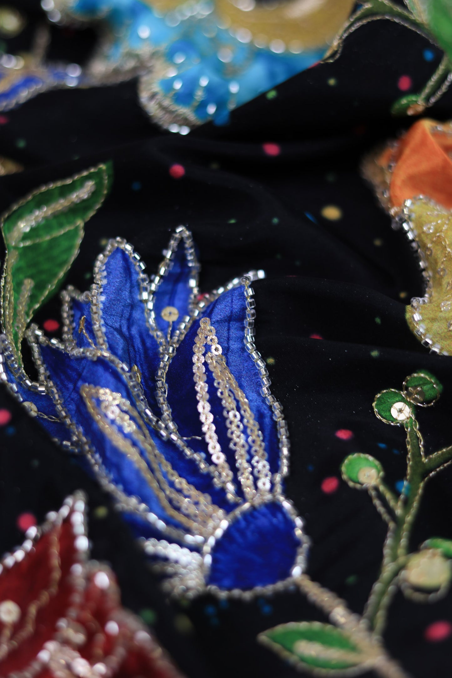 Black Midnight Bloom Sequin Embroidered Crepe