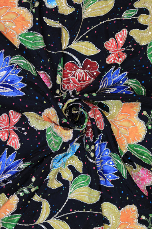 Black Midnight Bloom Sequin Embroidered Crepe