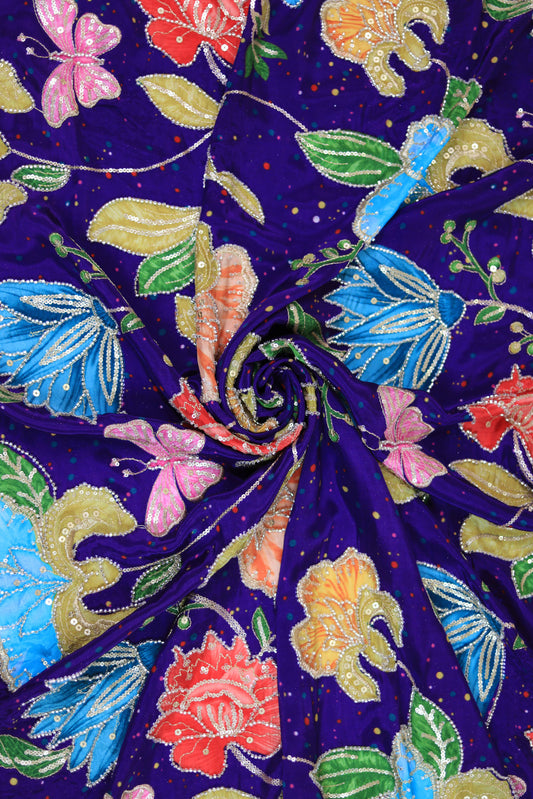 Purple Midnight Bloom Sequin Embroidered Crepe