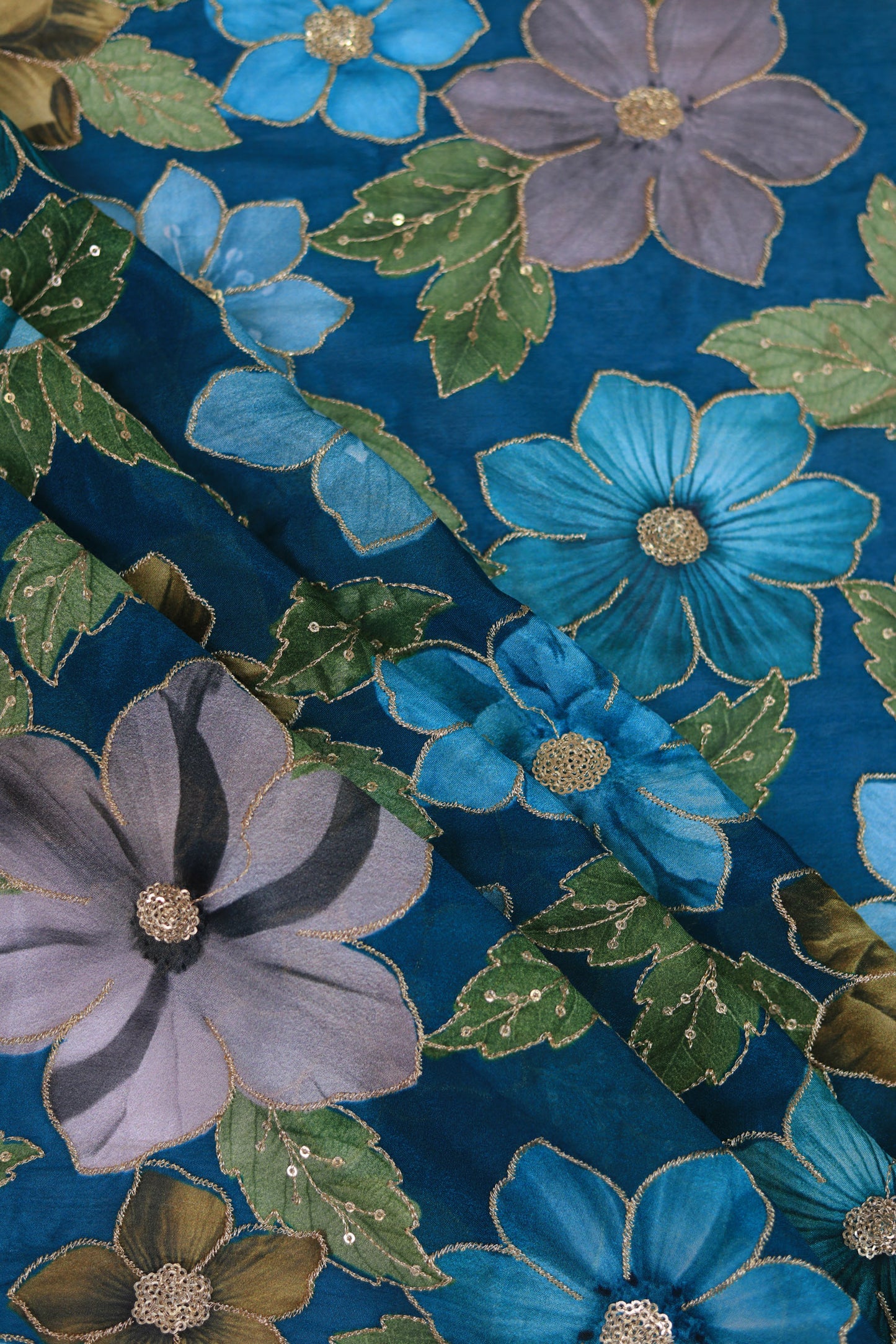 Bold Bloom Sequin Embroidered Blue Chinon Fabric