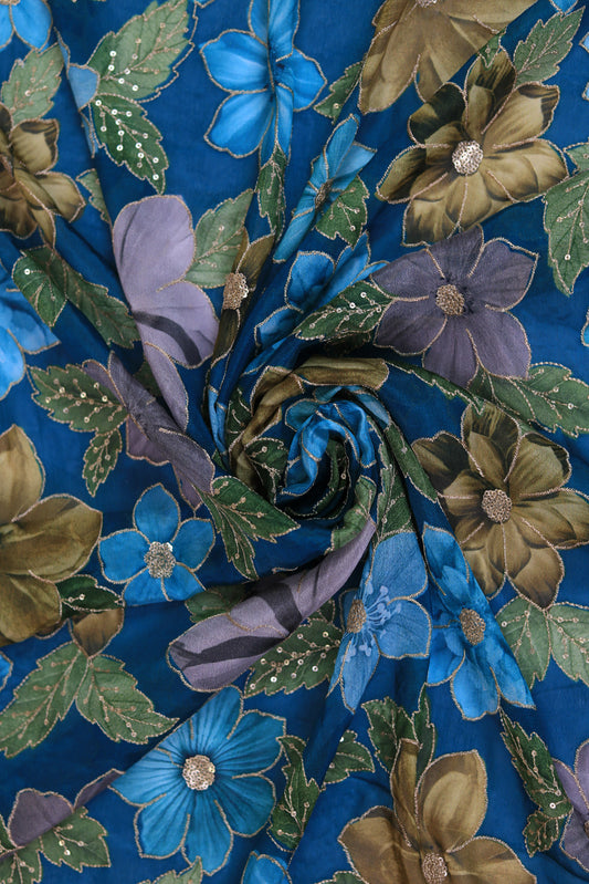 Bold Bloom Sequin Embroidered Blue Chinon Fabric