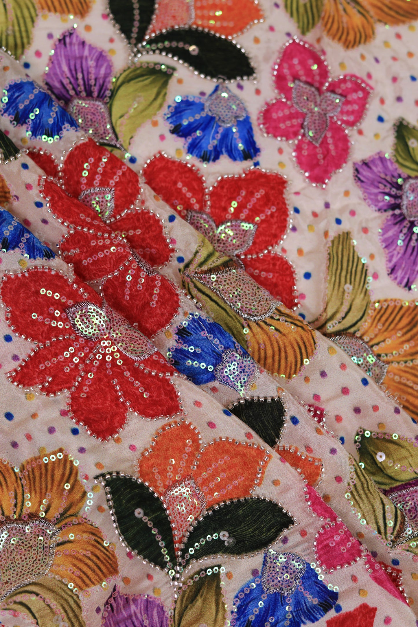 Beige Crepe with Multicolor Sequin Floral Embroidery