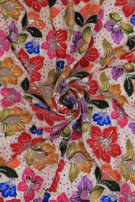 Beige Crepe with Multicolor Sequin Floral Embroidery