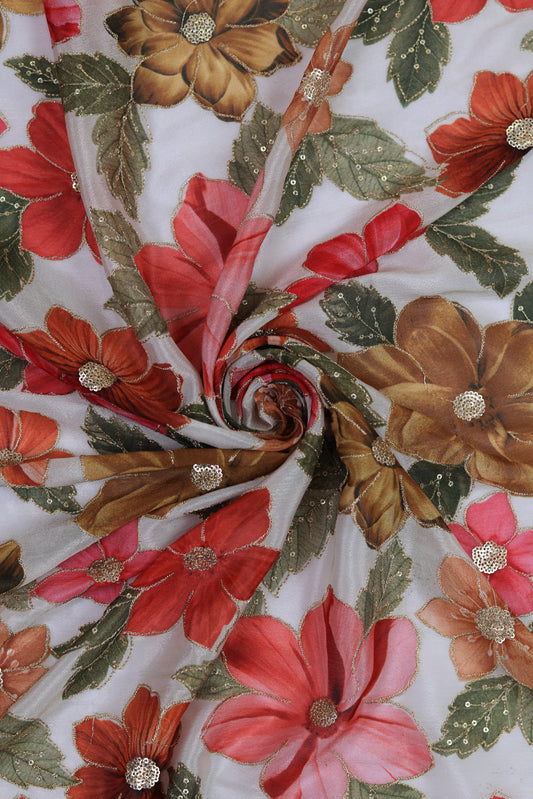 Bold Bloom Sequin Embroidered White Chinon Fabric