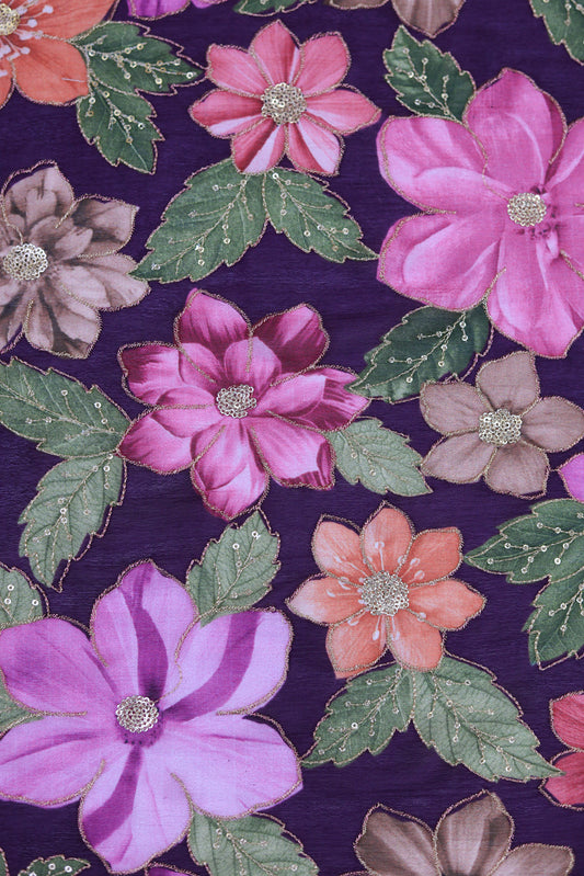 Bold Bloom Sequin Embroidered Purple Chinon Fabric