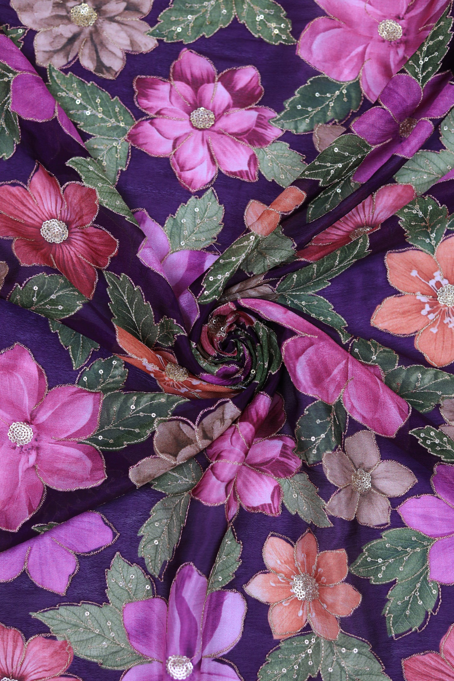 Bold Bloom Sequin Embroidered Purple Chinon Fabric