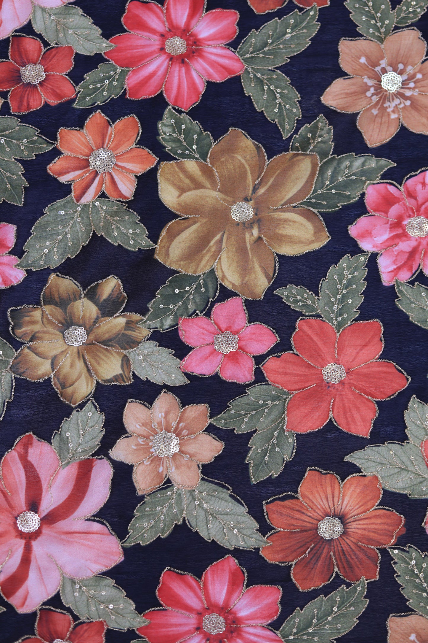 Bold Bloom Sequin Embroidered Black Chinon Fabric