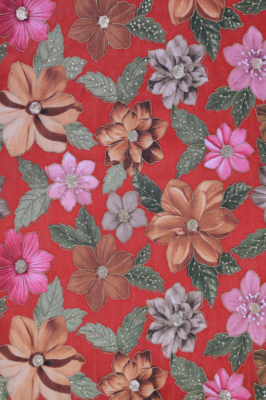 Bold Bloom Sequin Embroidered Red Chinon Fabric