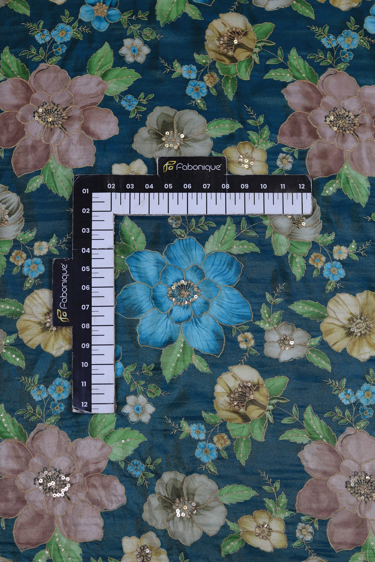 Teal Glow Embroidered Sequin Organza Fabric