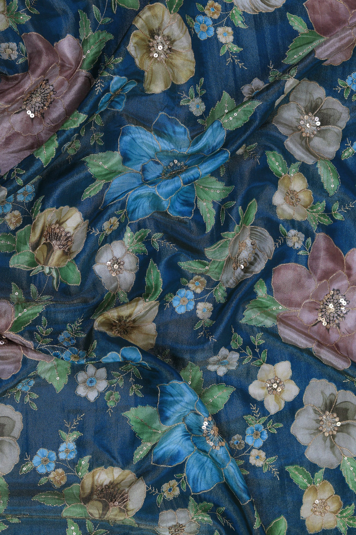 Teal Glow Embroidered Sequin Organza Fabric