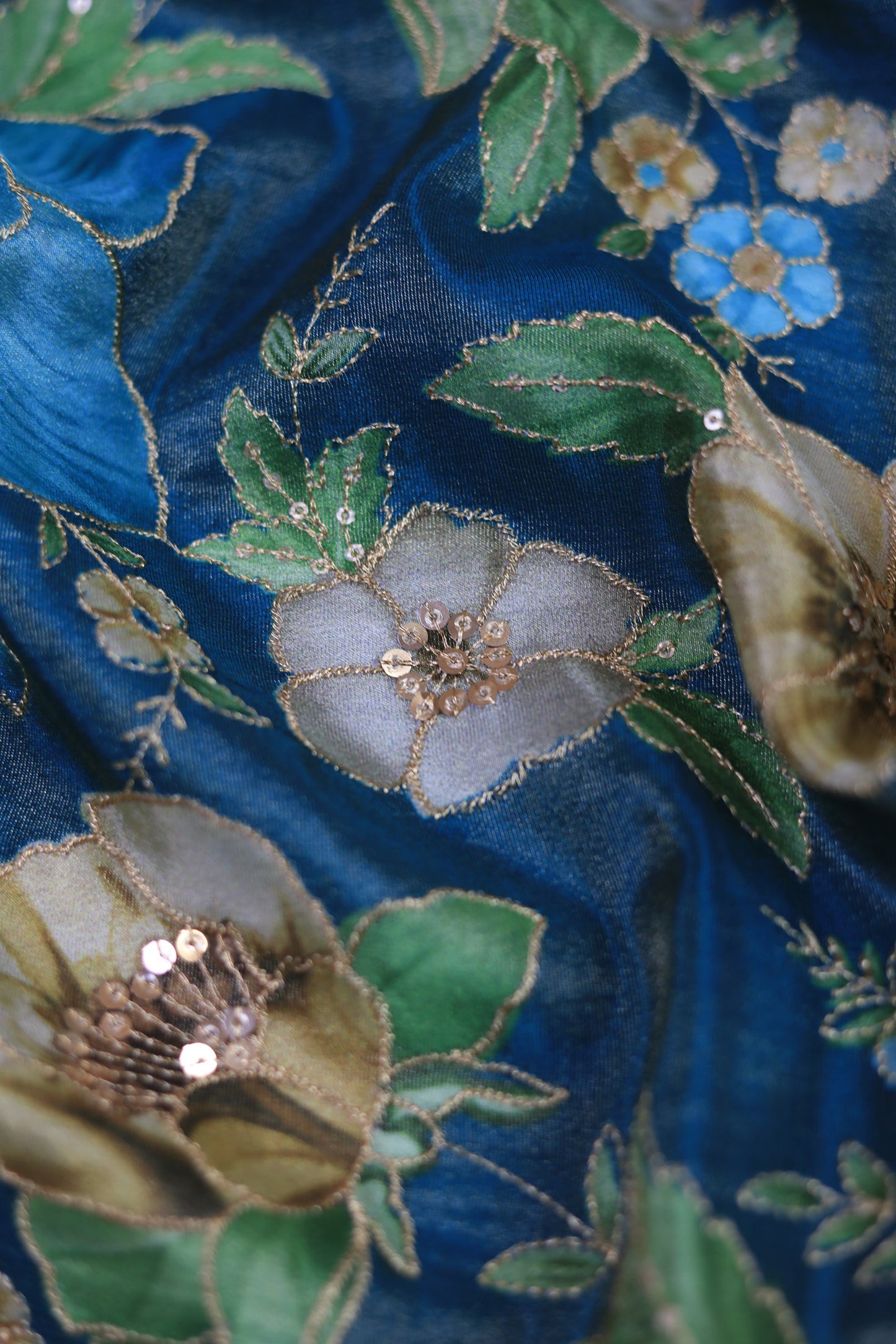 Teal Glow Embroidered Sequin Organza Fabric