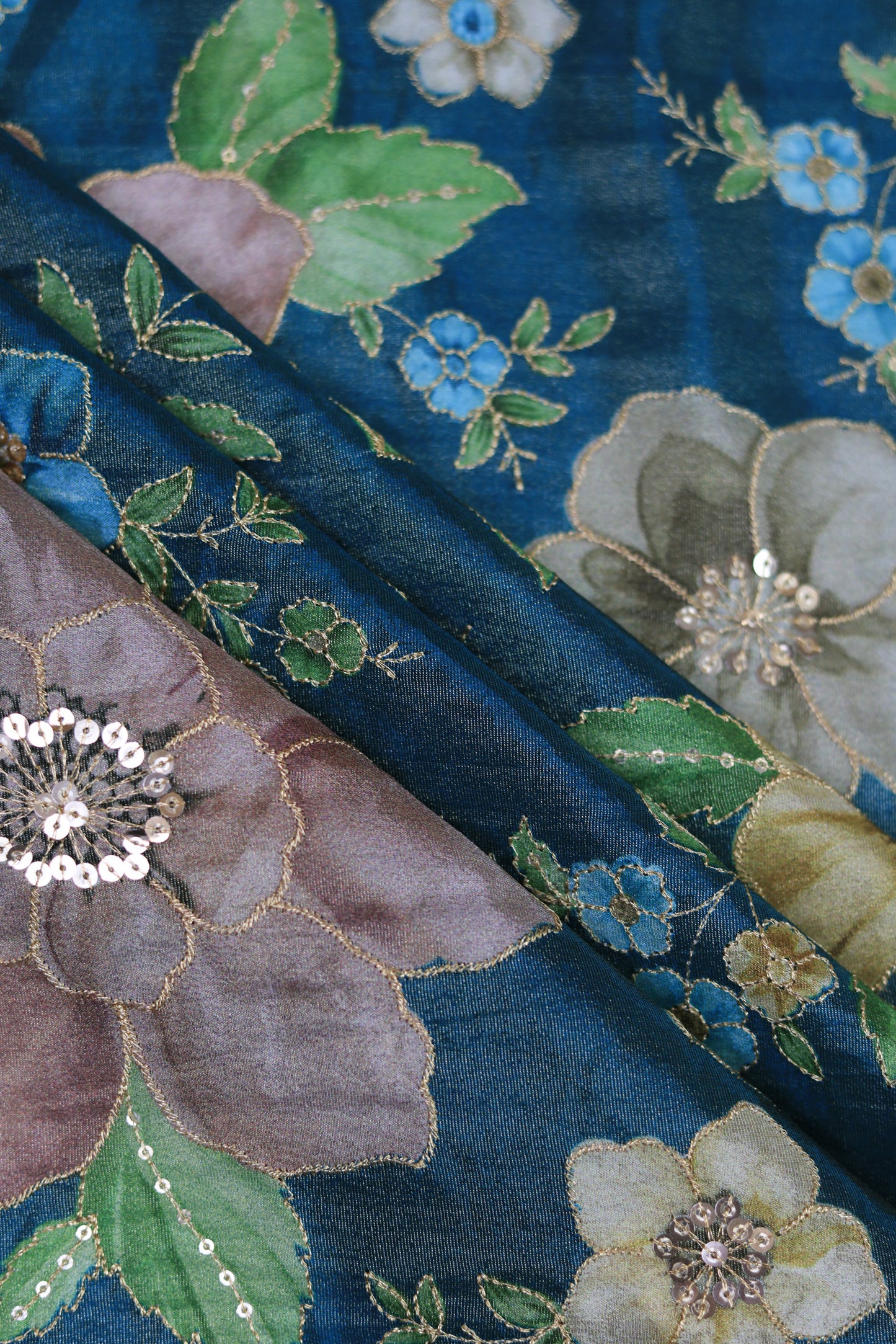 Teal Glow Embroidered Sequin Organza Fabric
