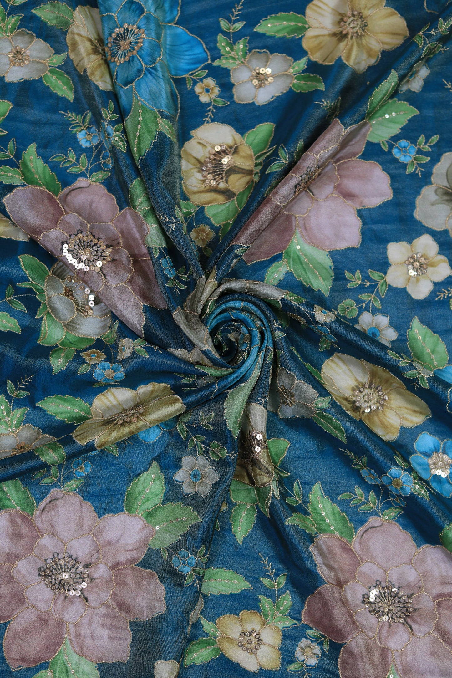 Teal Glow Embroidered Sequin Organza Fabric
