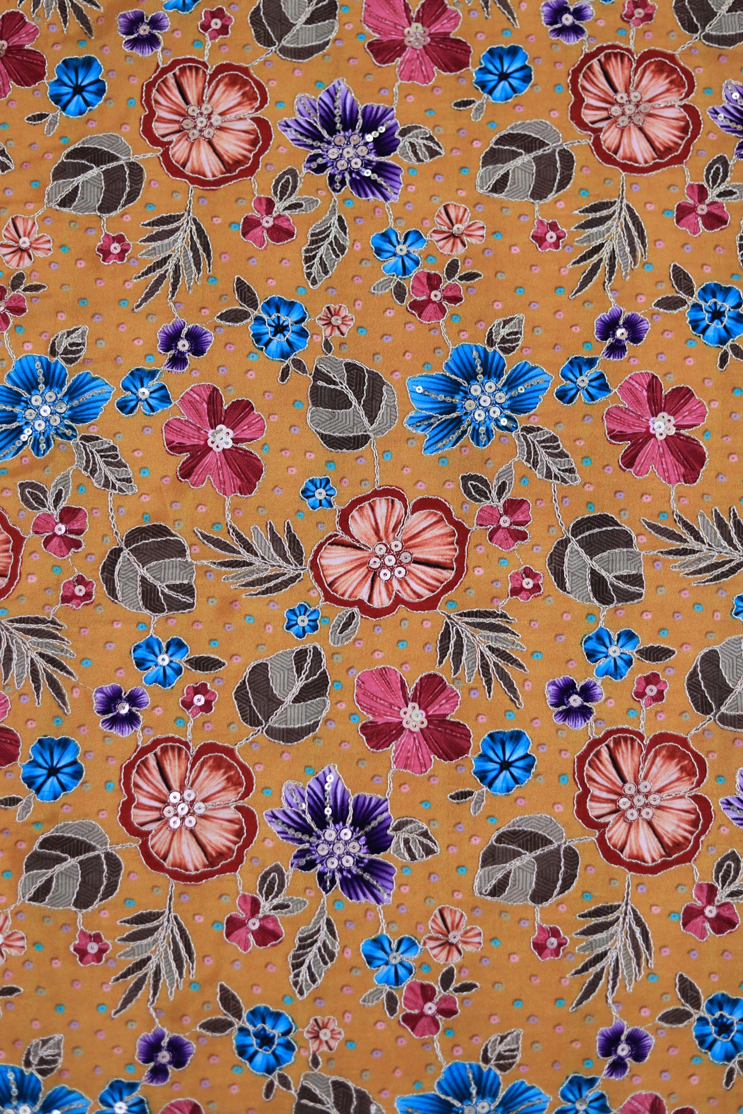 Yellow Mustard Floral Embroidered Crepe Fabric