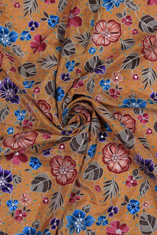 Yellow Mustard Floral Embroidered Crepe Fabric