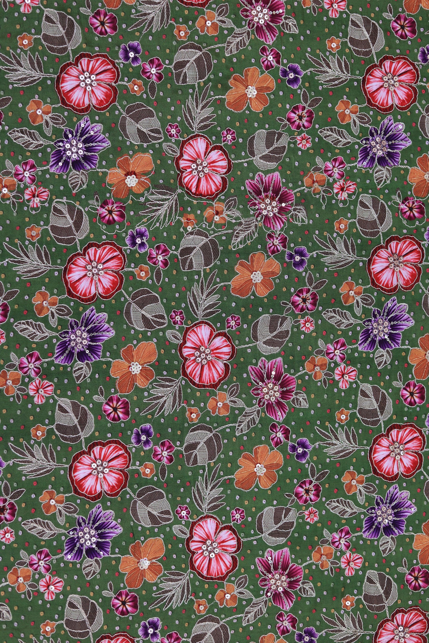 Green Mustard Floral Embroidered Crepe Fabric