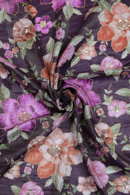 Purple Glow Embroidered Sequin Organza Fabric