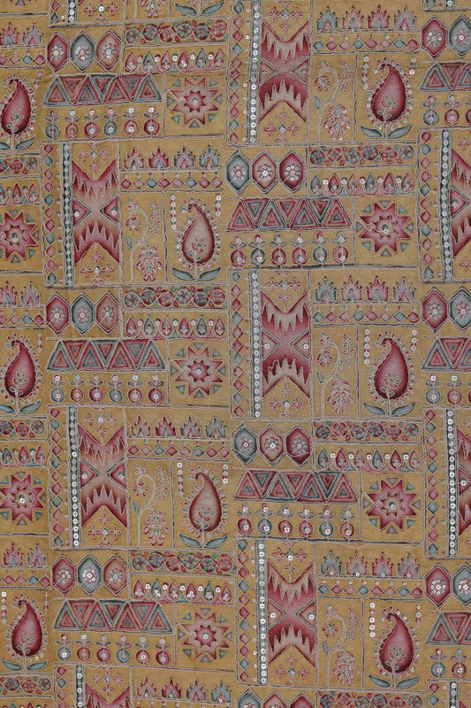 Yellow Heritage Mosaic Embroidered Patchwork Fabric