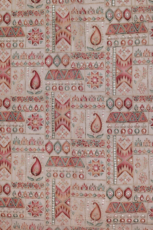 White Heritage Mosaic Embroidered Patchwork Fabric