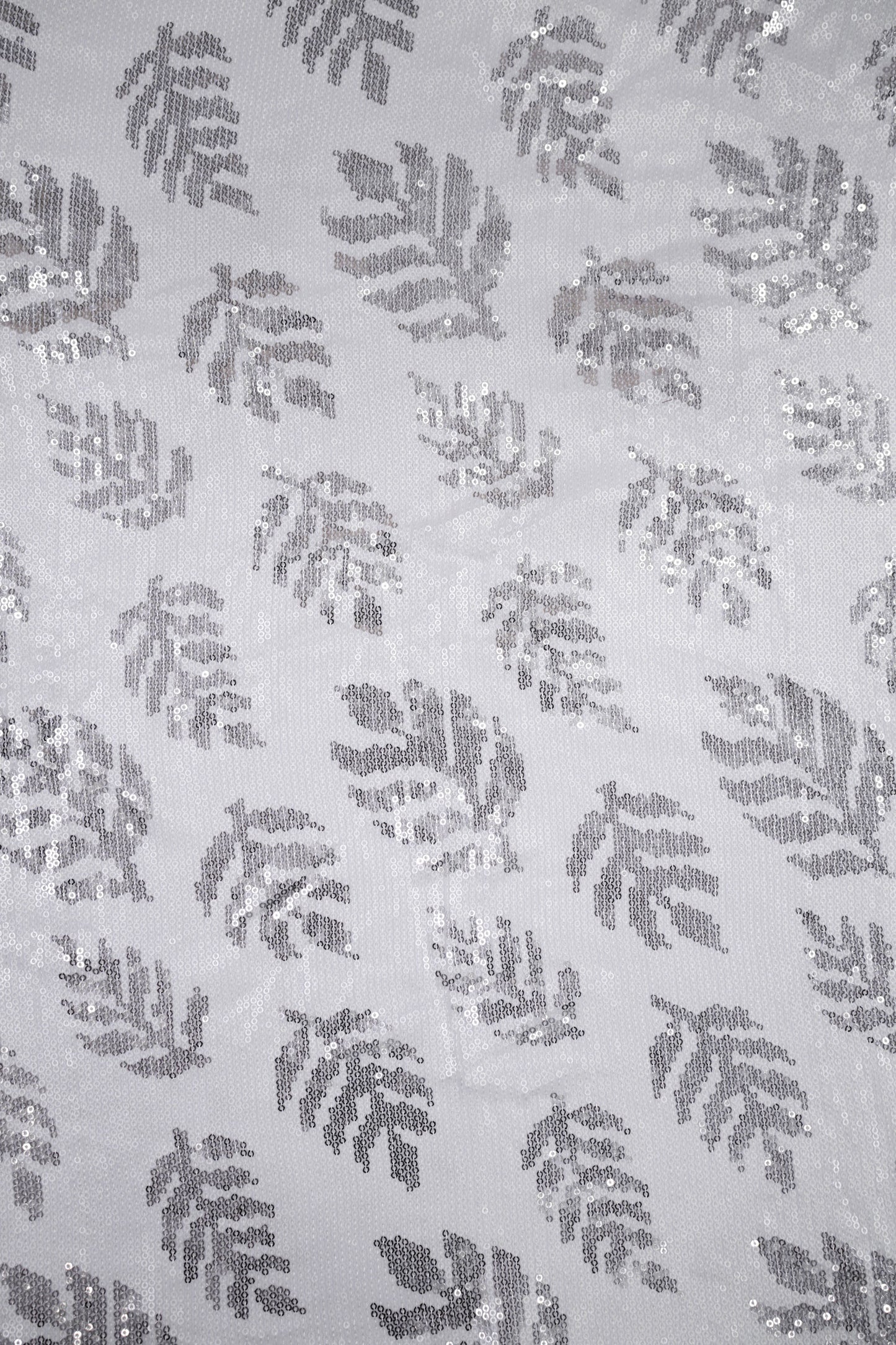 Silver Leaf Shimmer Botanical Sequin Viscose Georgette Fabric