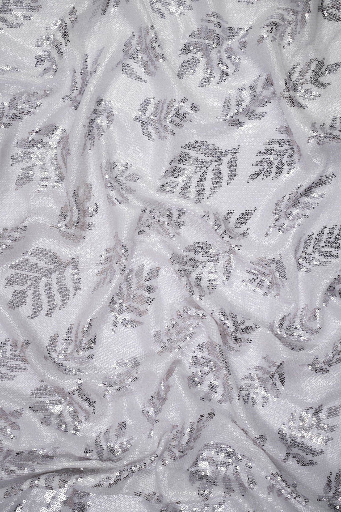 Silver Leaf Shimmer Botanical Sequin Viscose Georgette Fabric