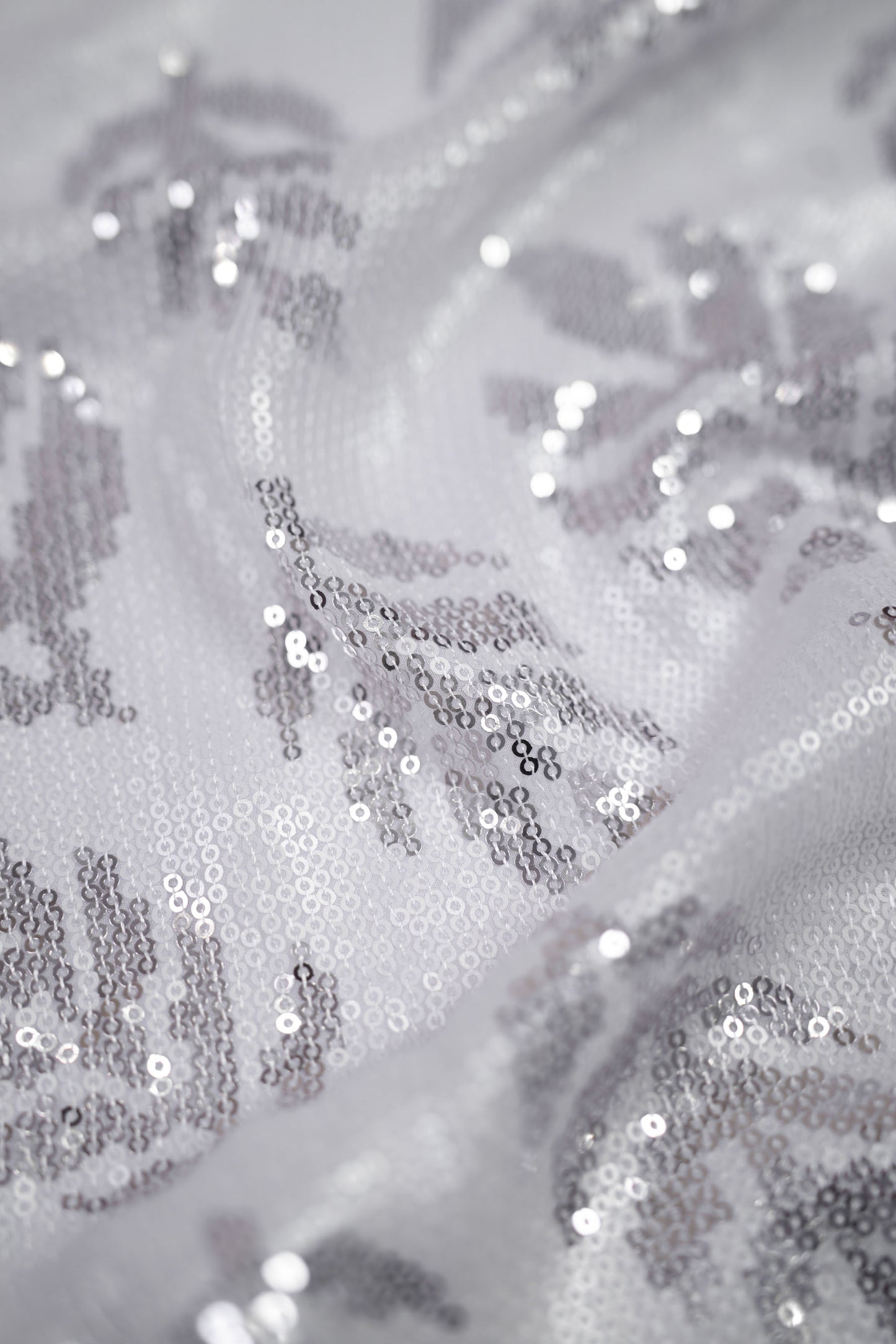 Silver Leaf Shimmer Botanical Sequin Viscose Georgette Fabric