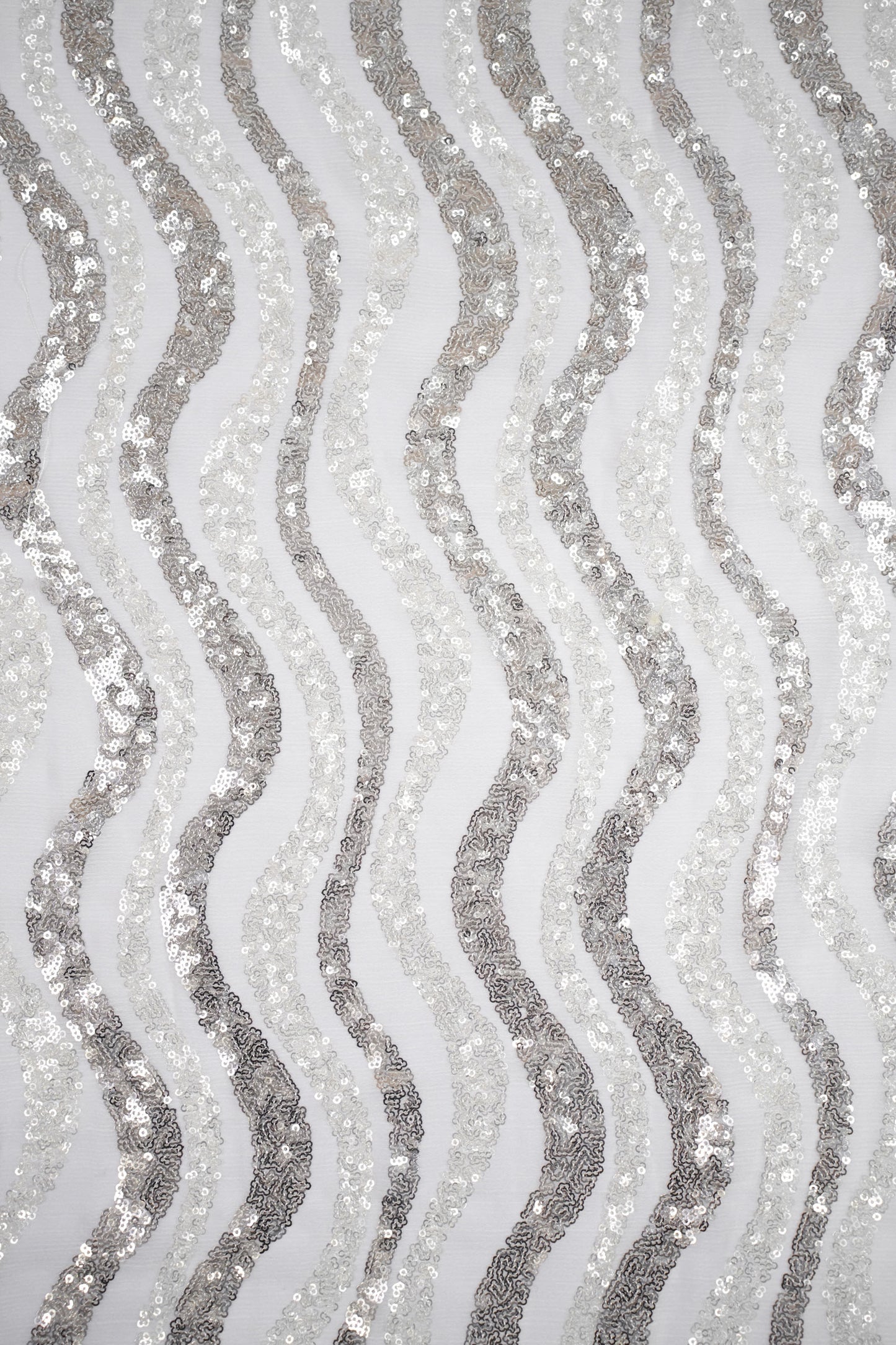 Silver Wave Symphony Sequin Striped Viscose Georgette Fabric