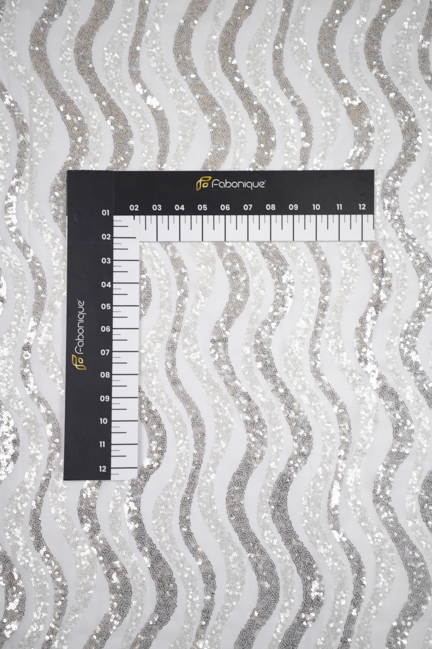 Silver Wave Symphony Sequin Striped Viscose Georgette Fabric