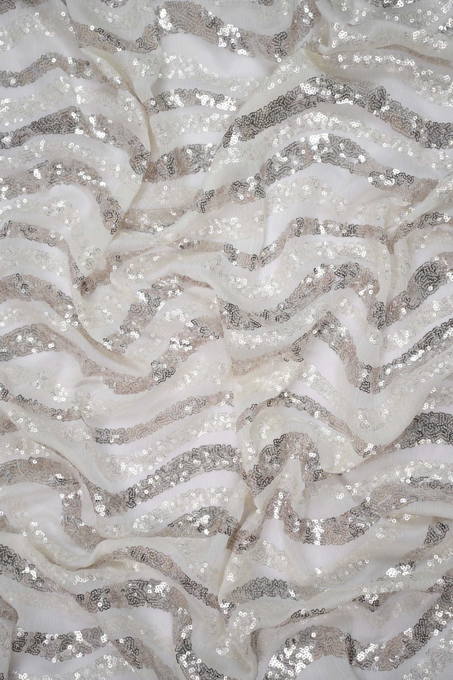 Silver Wave Symphony Sequin Striped Viscose Georgette Fabric